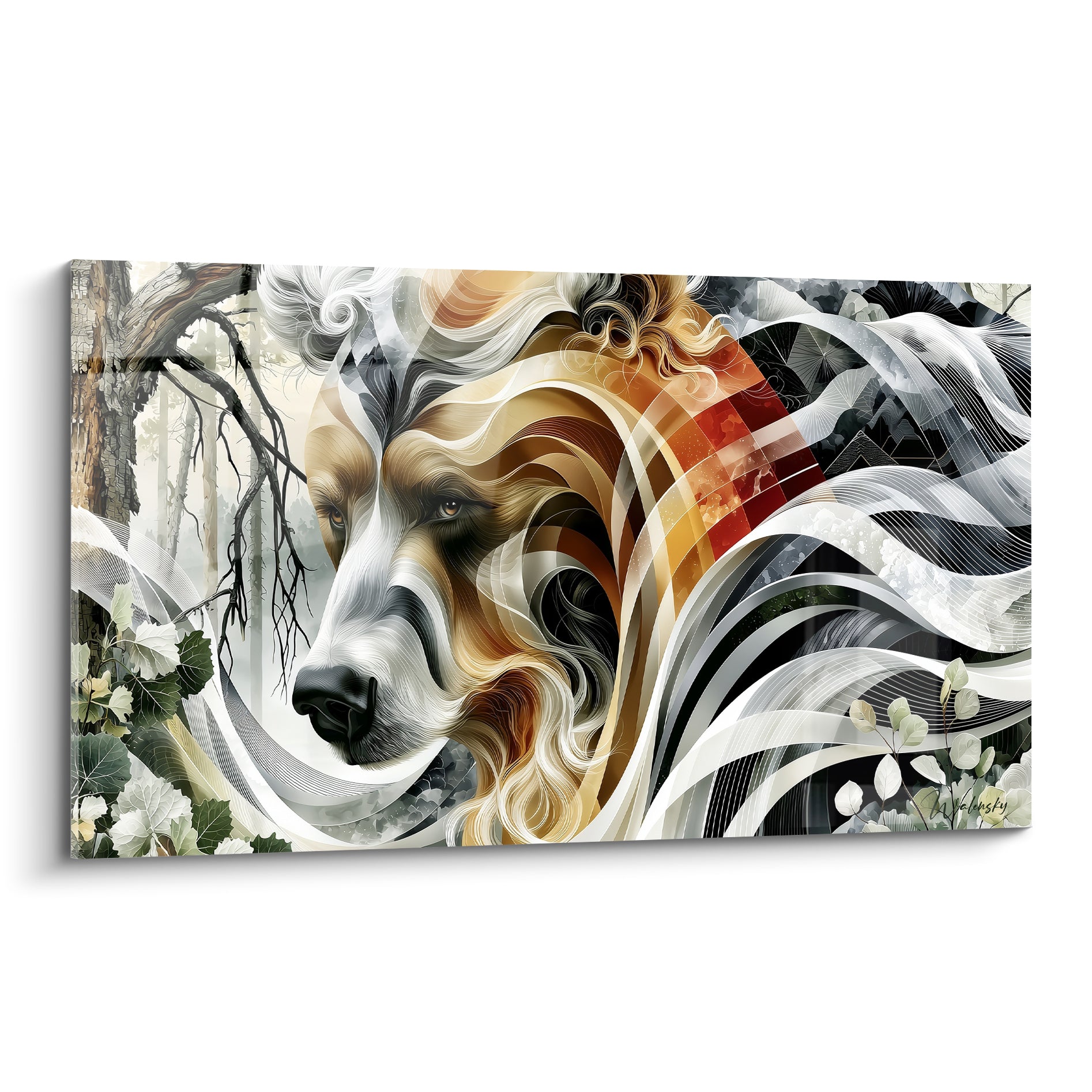 Ours brun au regard perçant, fourrure ocre et rubans anthracite en mouvement ondulant