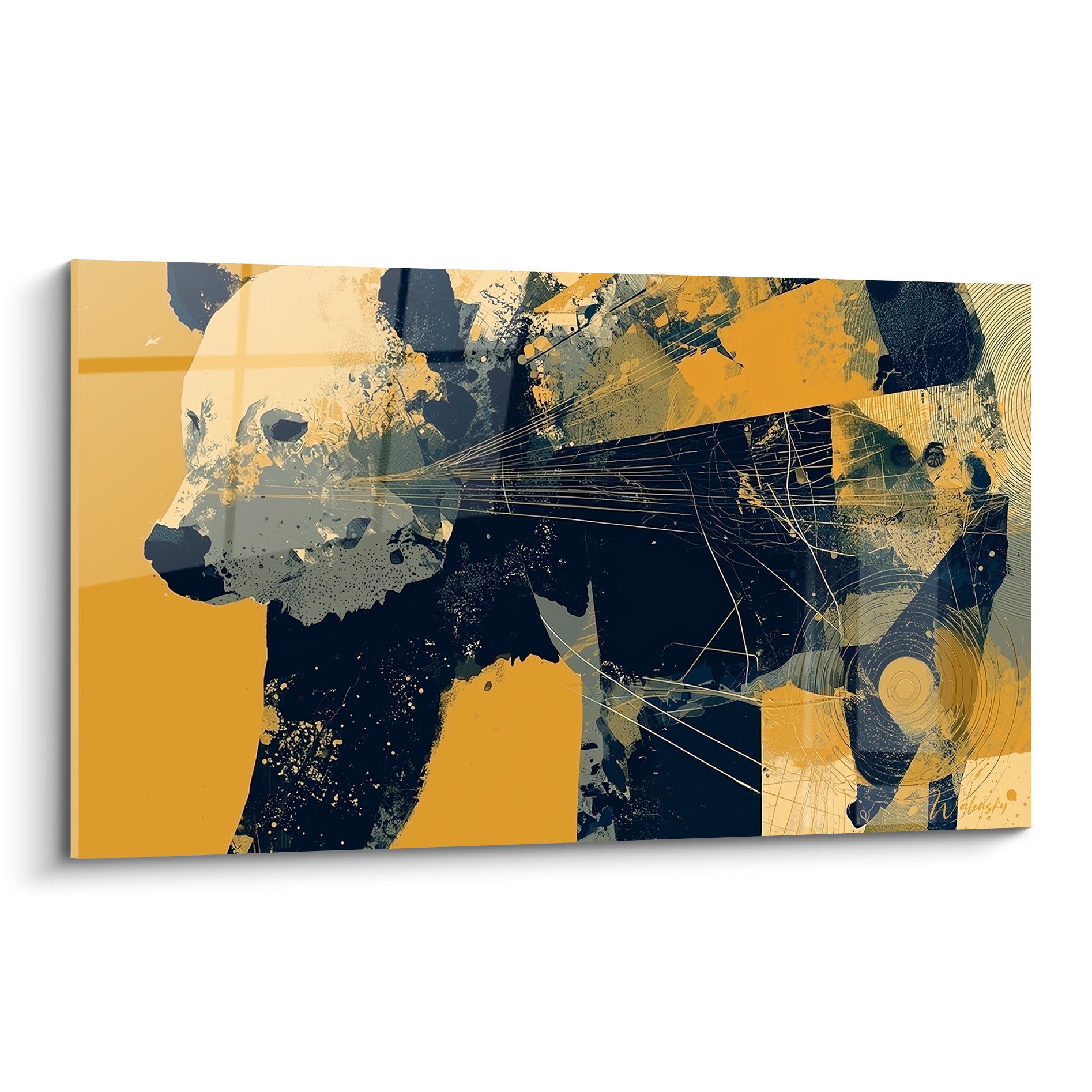 Ours brun de profil, silhouette ocre et bleu marine, composition graphique fragmentée