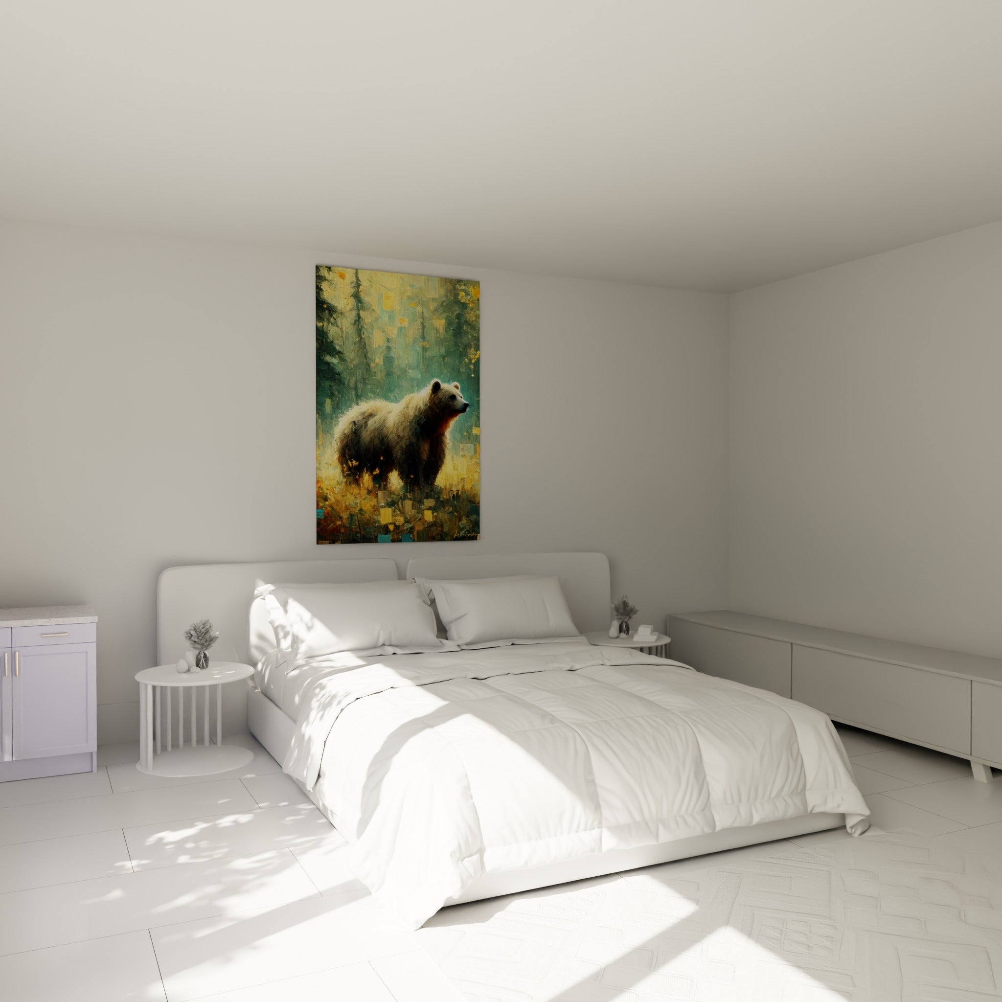 Silhouette d'ours brun ocre et vert sarcelle installée au-dessus d'un lit dans une chambre claire