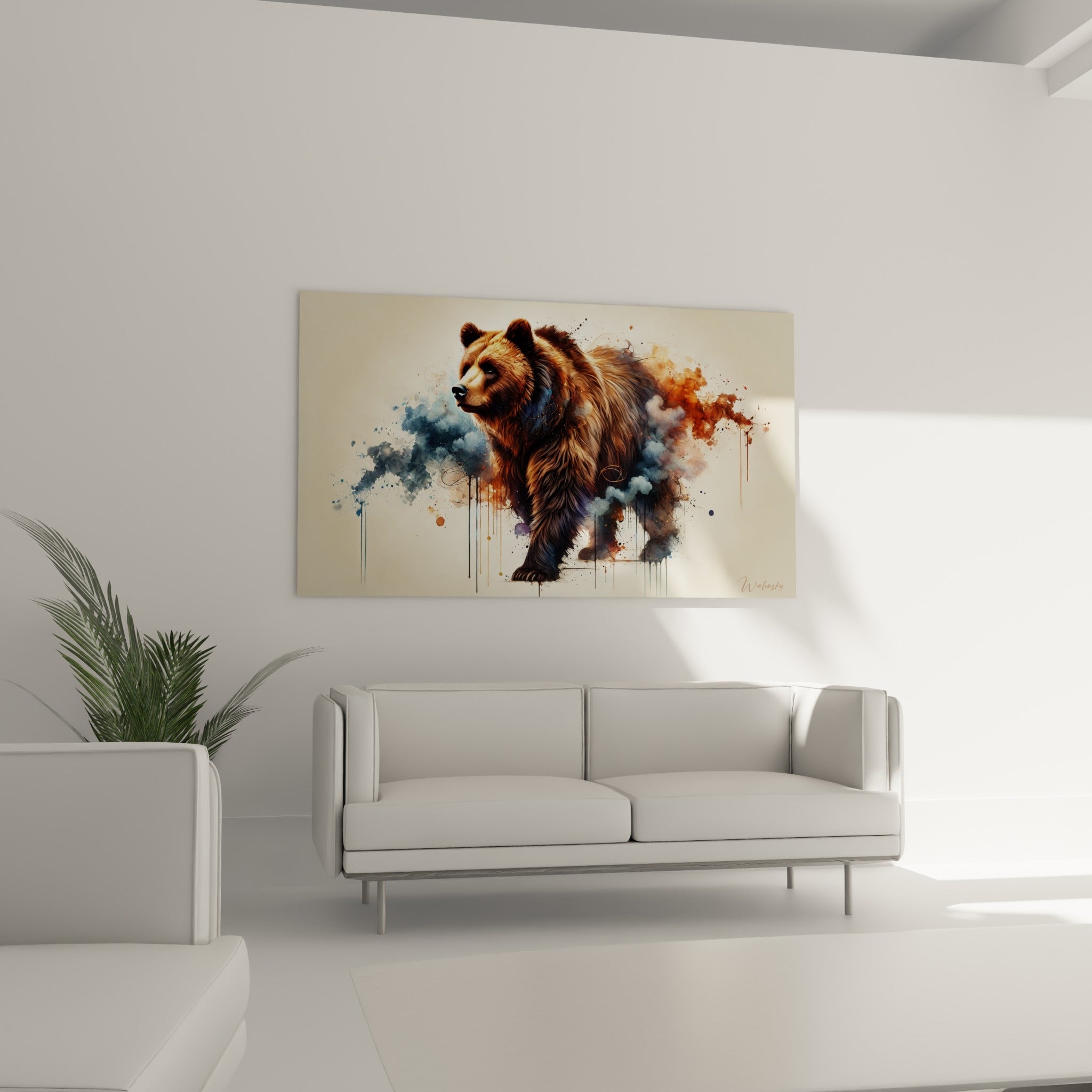 Silhouette d'ours brun ocre et roux dans une brume de peinture, au-dessus d'un canapé dans un salon lumineux