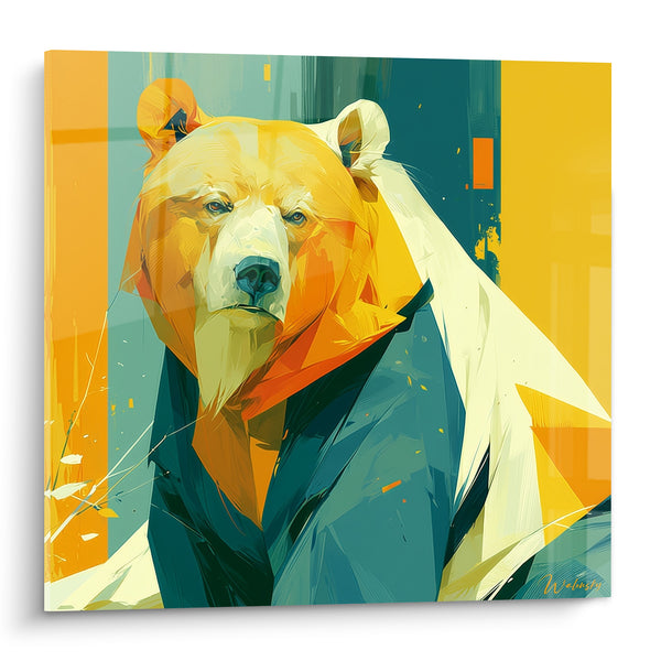 Tableau Ours brun géométrique aux teintes ocre et sarcelle - Face au soleil - Edition Ours brun