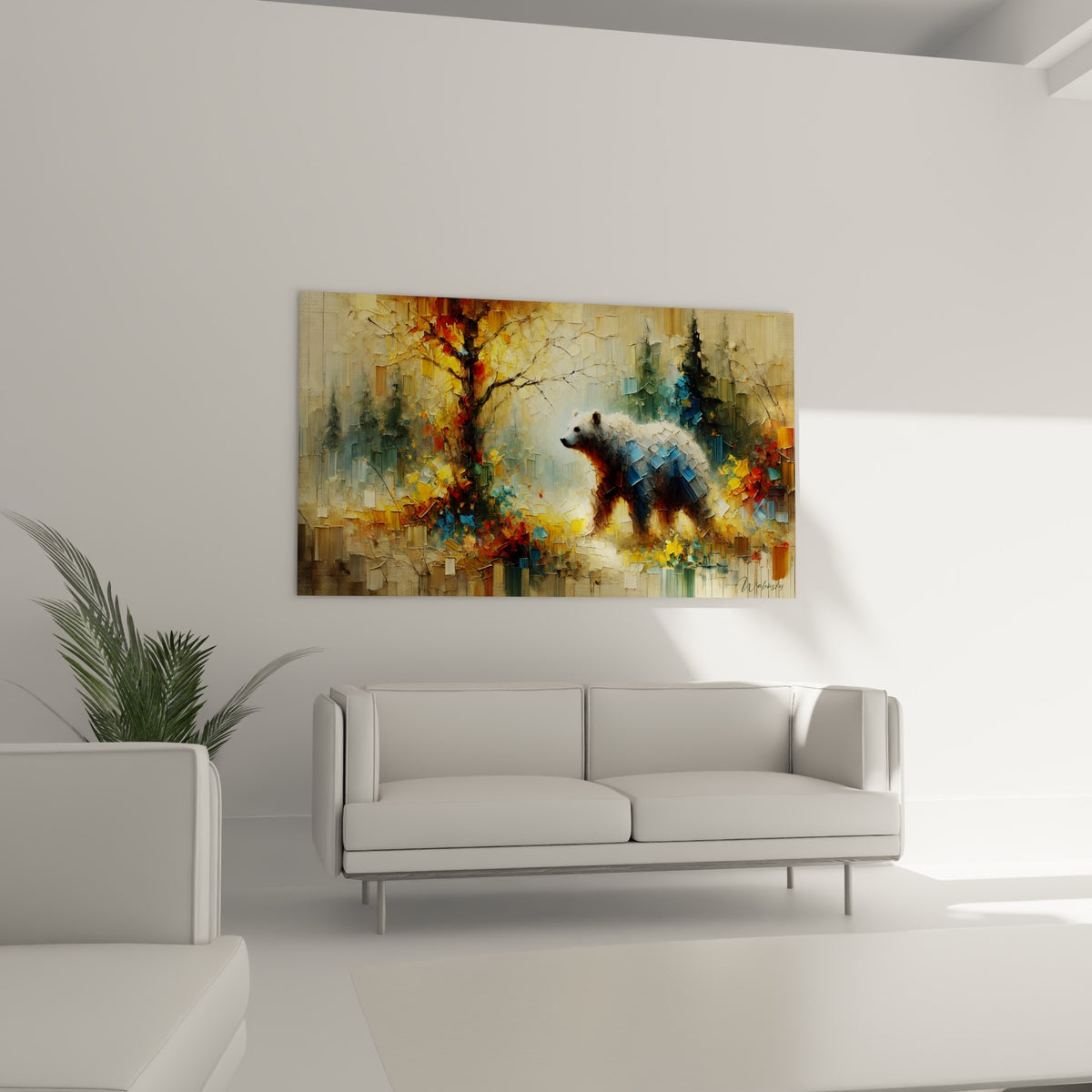 Ours brun texturé aux tons ocre et bleu pastel au-dessus d'un canapé dans un salon lumineux