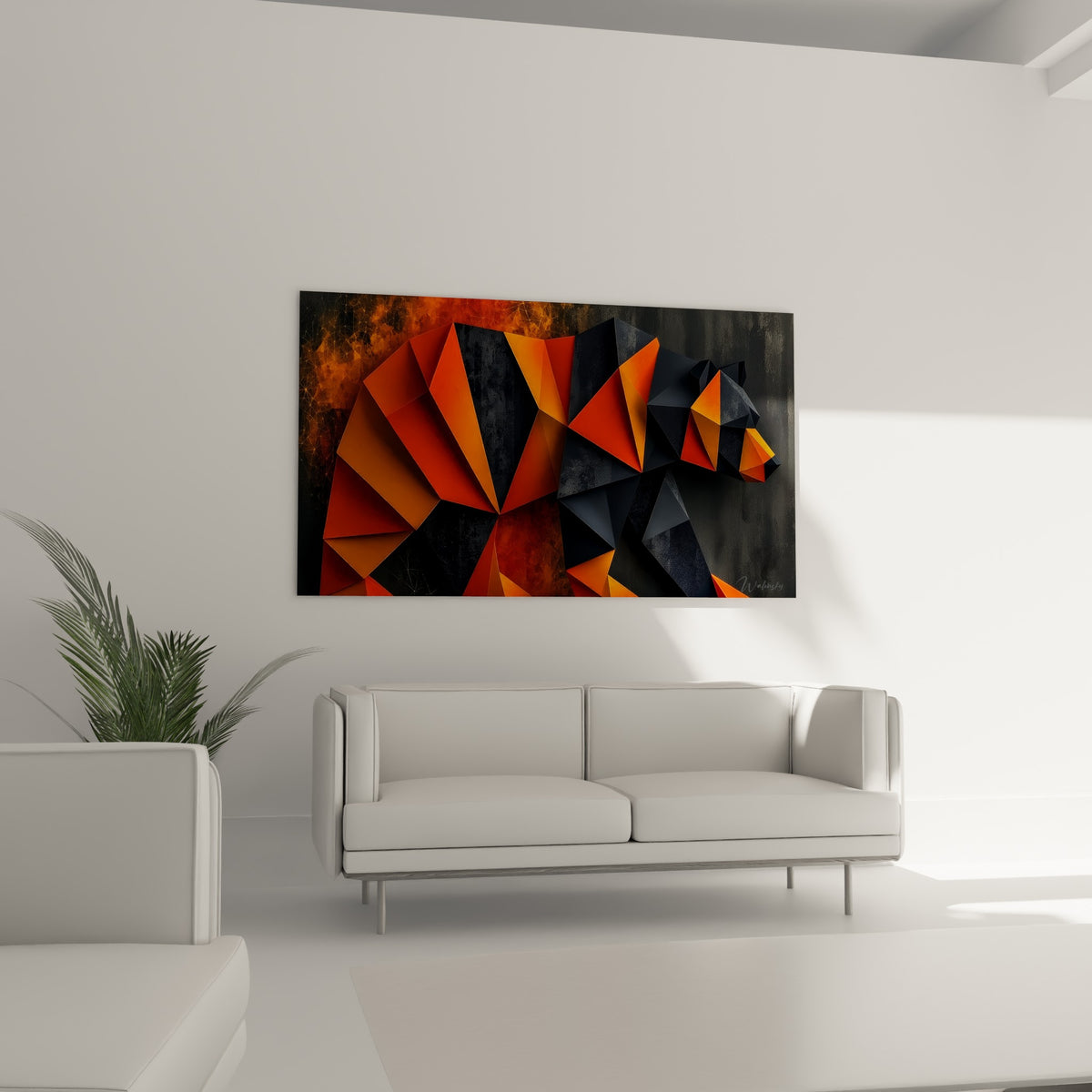 Figure polygonale d'ours brun ocre et fauve disposée au-dessus d'un canapé dans un salon lumineux