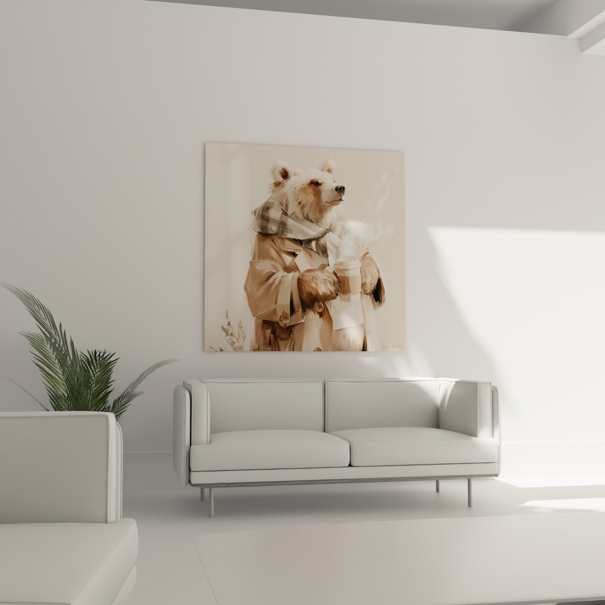 Portrait d'ours brun ocre à l'écharpe grise et son café fumant, au-dessus d'un canapé dans un salon lumineux