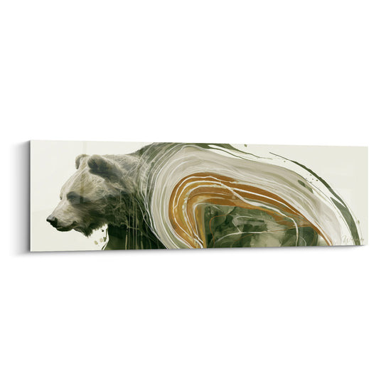 Ours brun au pelage gris fondu dans des volutes ocre et vertes sur fond beige clair