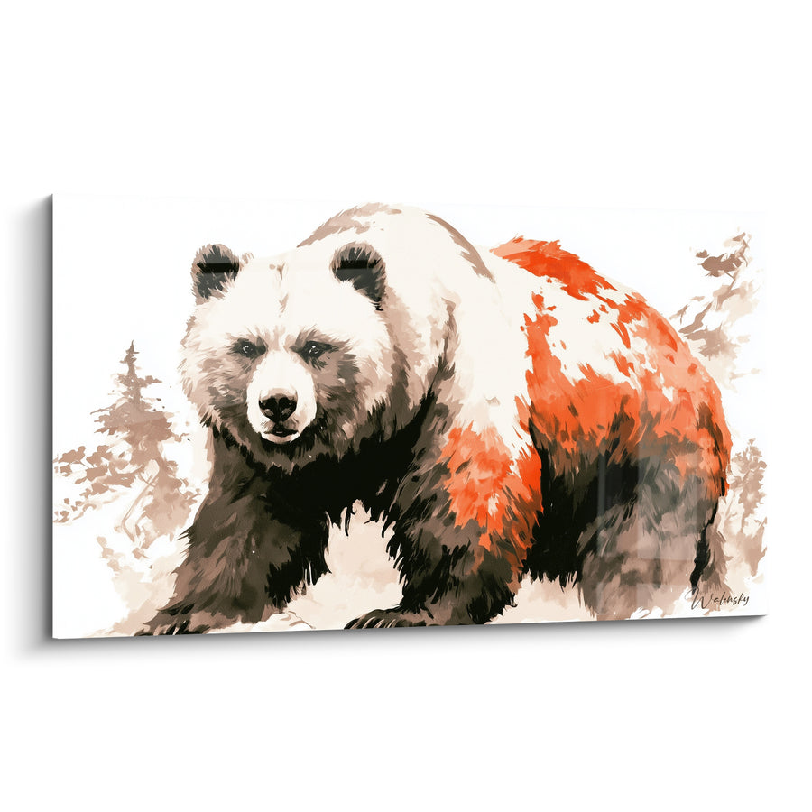 Tableau Ours brun blanc et orange aquarelle près des conifères - Silhouette avançant vers l'avant - Edition Ours brun