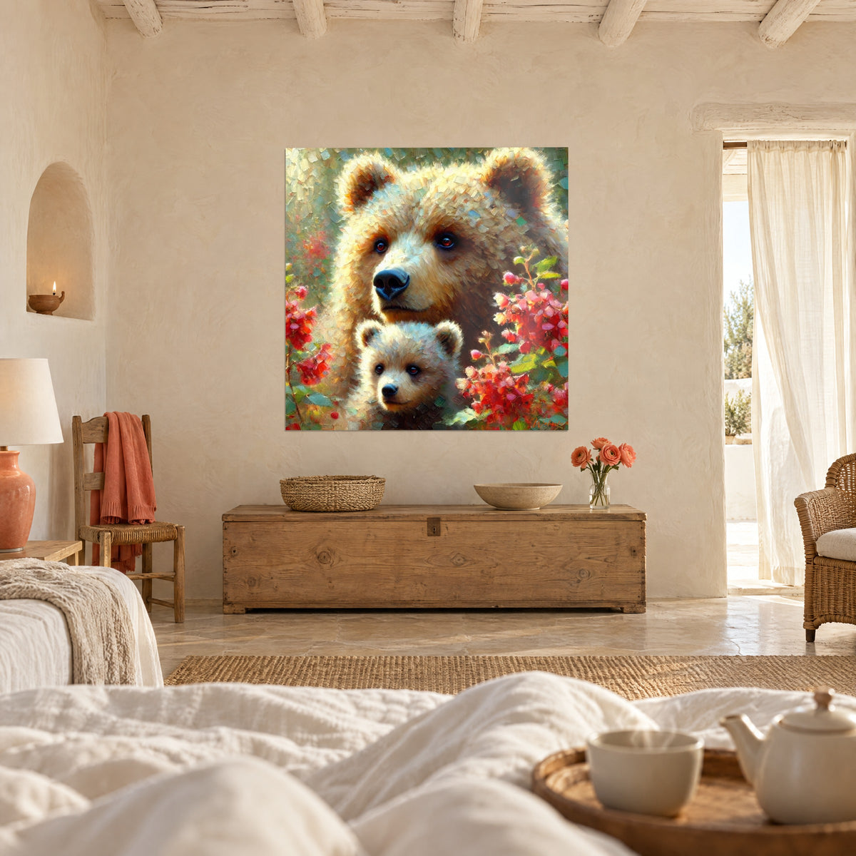 Tableau tendresse d'une ourse brune et de son petit parmi des fleurs rouges et corail, au-dessus d'un lit dans une chambre claire