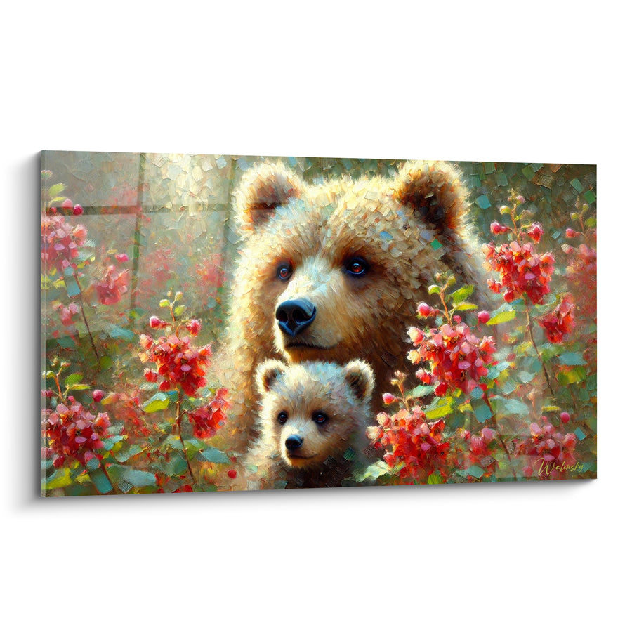Tableau Ourse et ourson beige parmi les fleurs roses - Tendresse maternelle sauvage - Edition Ours brun