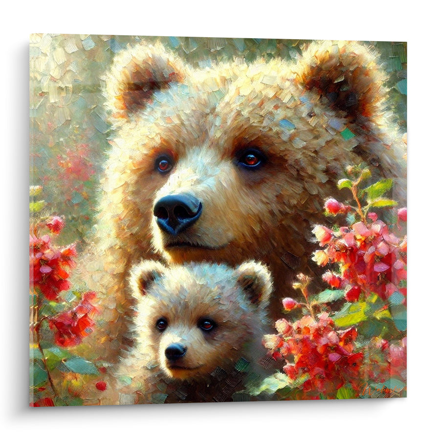 Tableau Ourse et son ourson fleurs rouges - Tendresse maternelle - Edition Ours brun
