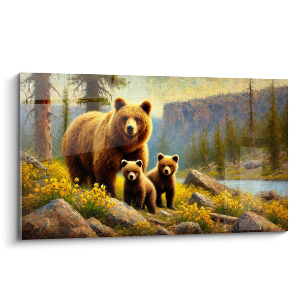 Tableau Ourse et oursons entourés de rochers gris - Falaise et rivière lointaine - Edition Ours brun