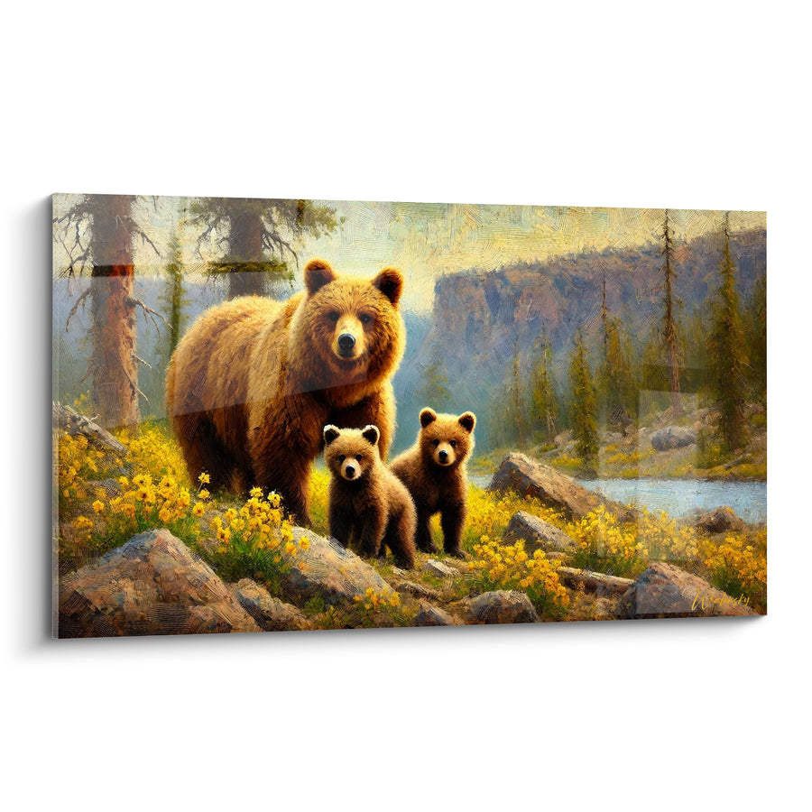 Tableau Ourse et oursons entourés de rochers gris - Falaise et rivière lointaine - Edition Ours brun