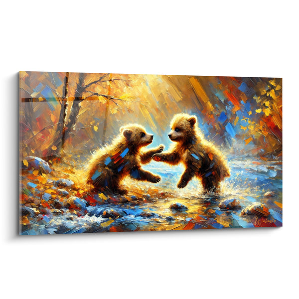 Tableau Oursons bruns dorés au ruisseau - Jeu fraternel - Edition Ours brun