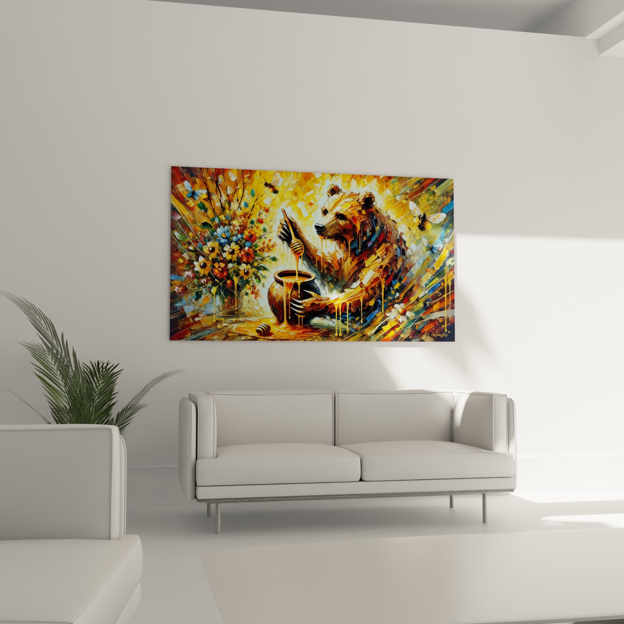 Ours brun entouré de papillons blancs et de fleurs colorées, au-dessus d'un canapé dans un salon lumineux