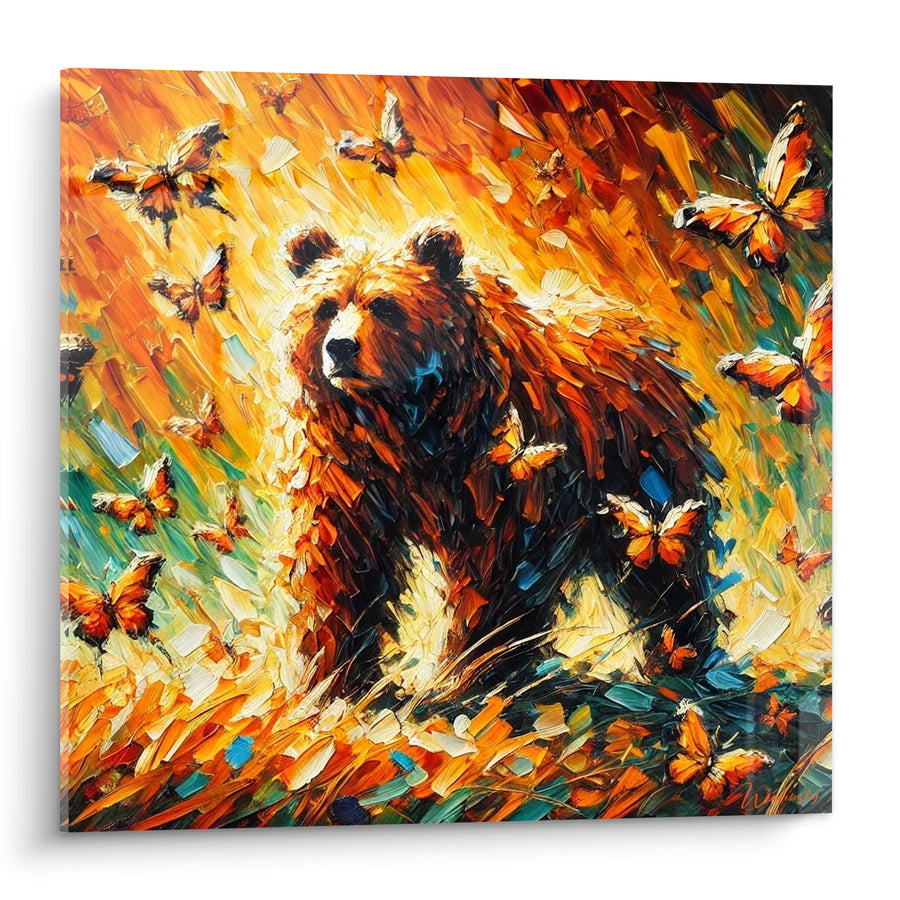 Tableau Ours brun ambre entouré de papillons monarques - Éveil de la clairière - Edition Ours brun