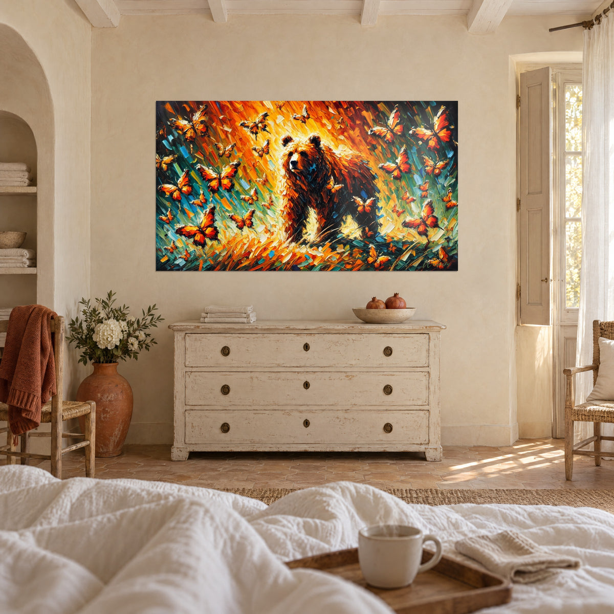 Tableau bête rousse sous une nuée de monarques orange et turquoise, trait en pâte épaisse, au-dessus d'un lit dans une chambre claire