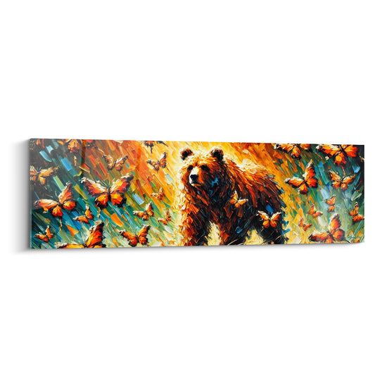 Tableau Ours brun face à un nuage de papillons orangés - Lumière solaire vibrante - Edition Ours brun