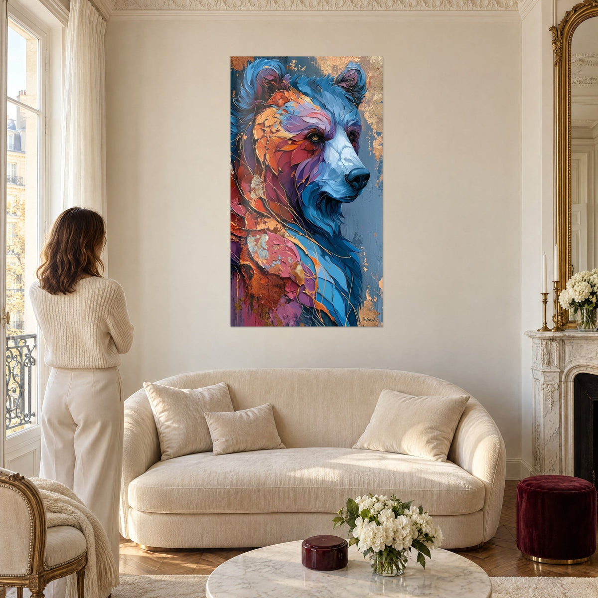 Quadro orso blu con scaglie di pittura rame e rosa, sguardo ambrato, donna di spalle, sopra un divano in un soggiorno luminoso