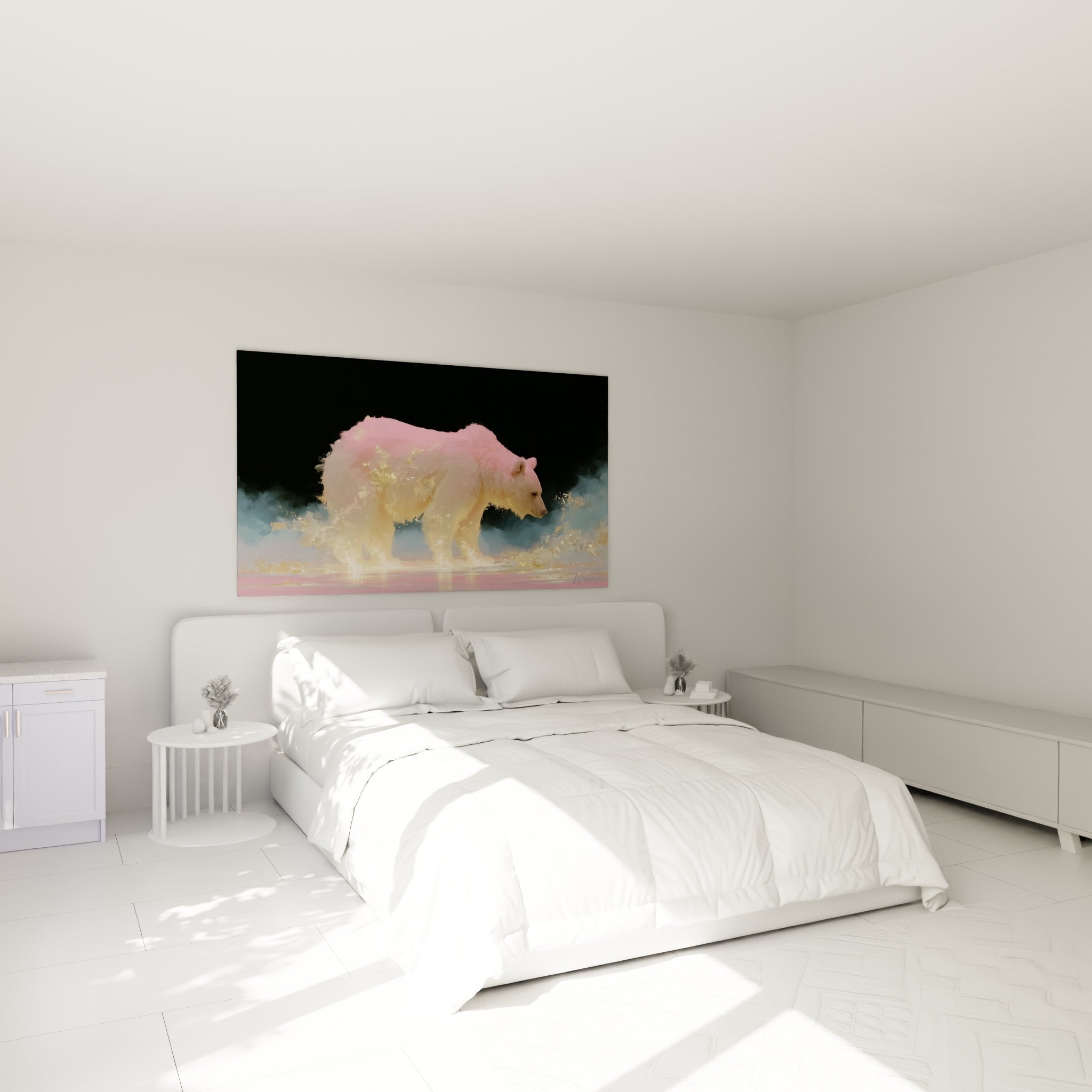 Silhouette d'ours brun rose et doré, matière fluide et dorée, accrochée au-dessus d'un lit dans une chambre claire