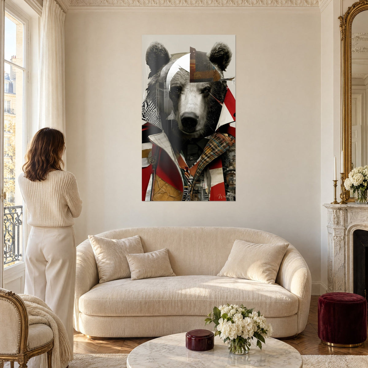 Wall art brown bear with a serious gaze, red and gold patchwork jacket, two figures seen from behind, above a sofa in a bright living room