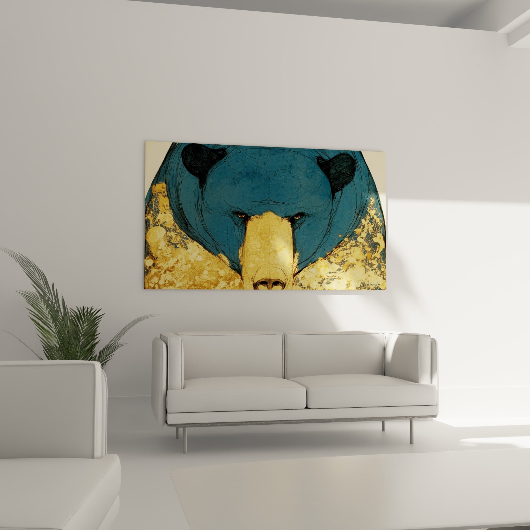 Pelage bleu pétrole et taches dorées de l'ours brun, au-dessus d'un canapé dans un salon lumineux