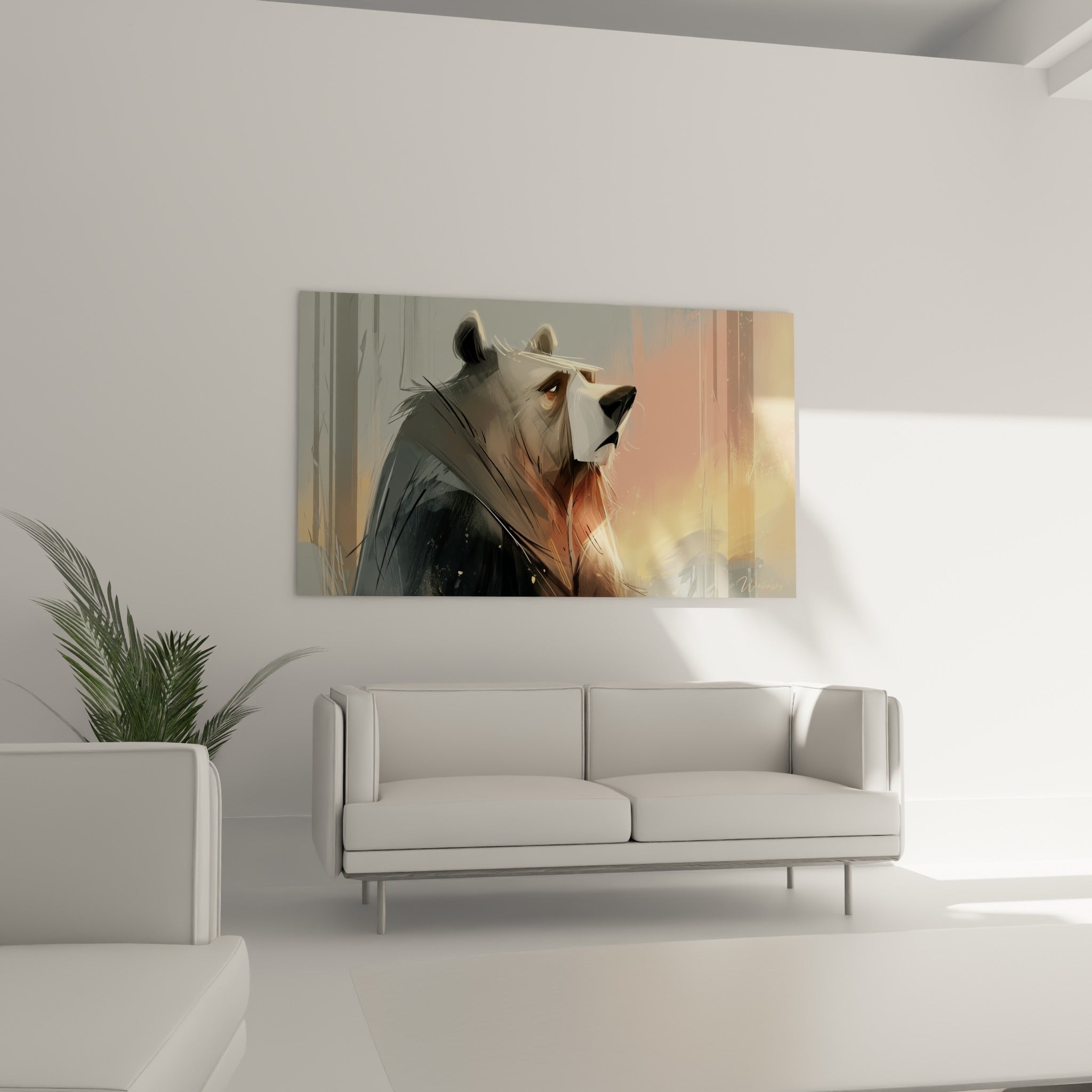 Silhouette d'ours brun gris et pêche au-dessus d'un canapé dans un salon lumineux