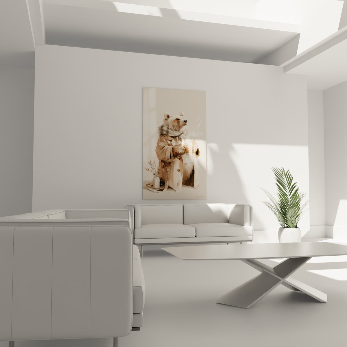 Foulard gris et pelage ocre distinguent cet ours brun élégant, positionné au-dessus d'un canapé dans un salon lumineux