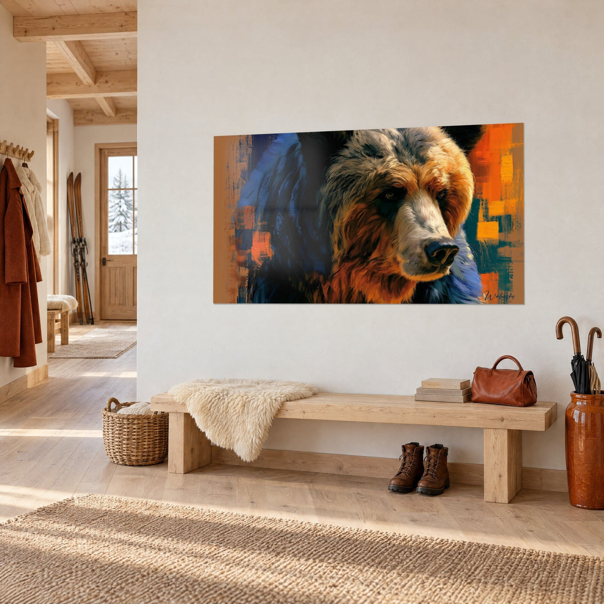 Schilderij grizzly met lichte snuit en amberkleurige blik, blauwe en oranje vlakken, hangend boven een houten bank in de hal van een chalet