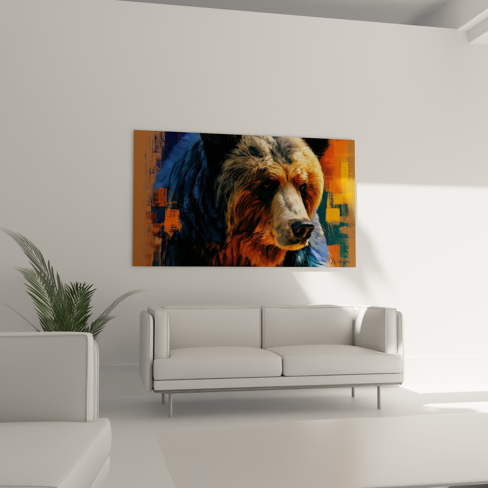 Museau clair et pelage doré de l'ours brun, disposé au-dessus d'un canapé dans un salon lumineux