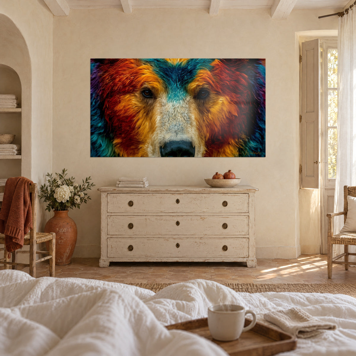 Tableau face d'ours aux poils orange et rouge brûlé, front turquoise, accroché au-dessus d'un lit dans une chambre claire