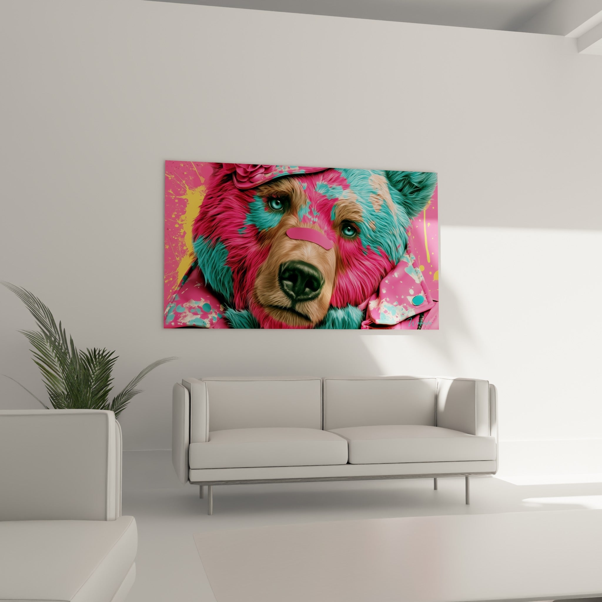 Ours brun fuchsia et turquoise à l'expression saisissante, au-dessus d'un canapé dans un salon lumineux