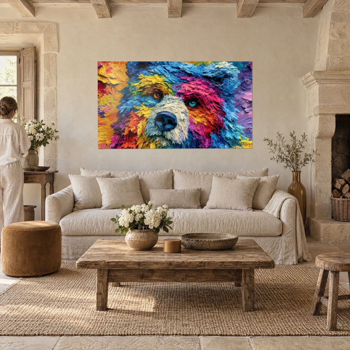 Schilderij kleurrijke beer met ogen van verschillende kleur, roze vacht, blauw en geel in dik impasto, vrouw van achteren, boven een bank in een lichte woonkamer