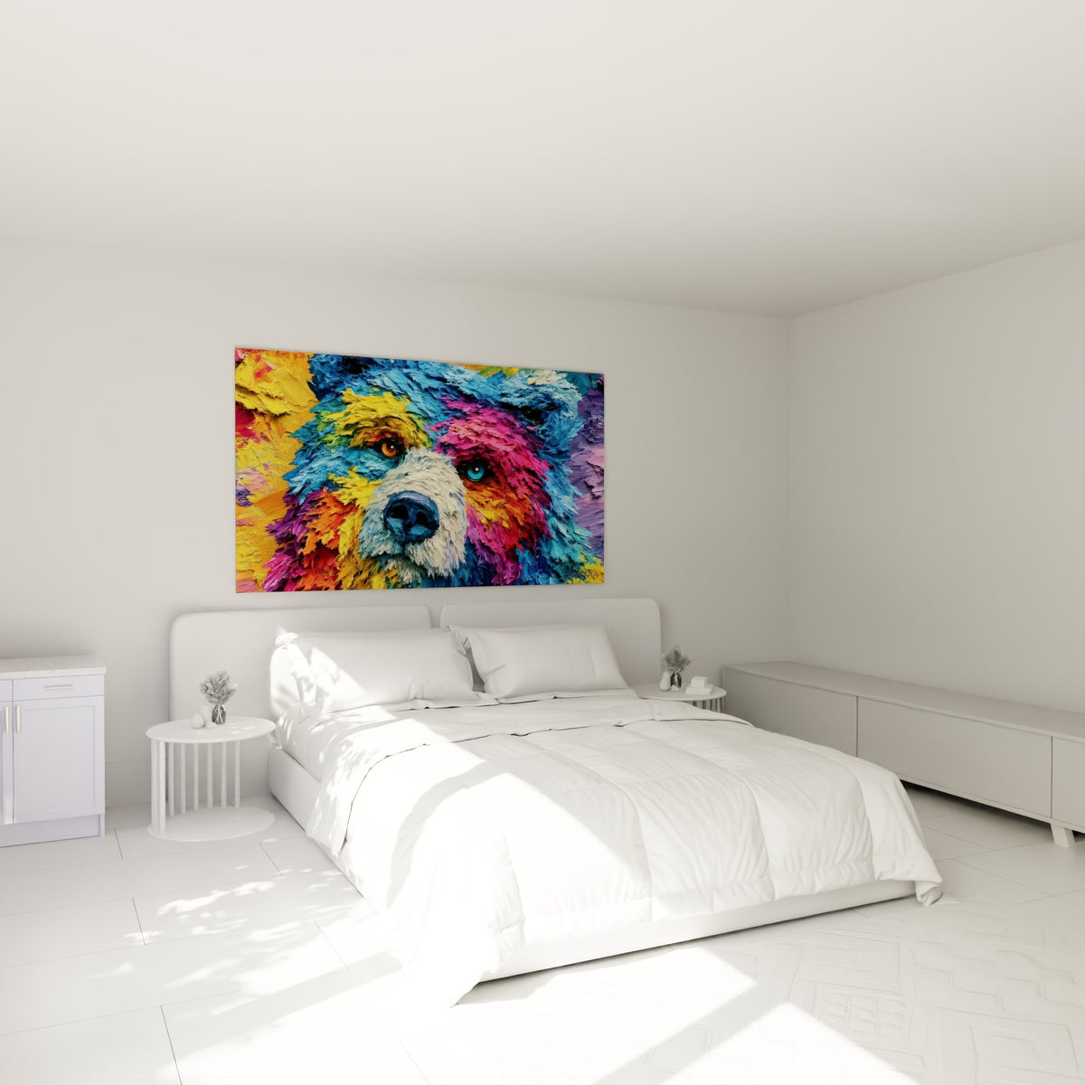 Portrait d'ours brun bleu et rose vif accroché au-dessus d'un lit dans une chambre claire