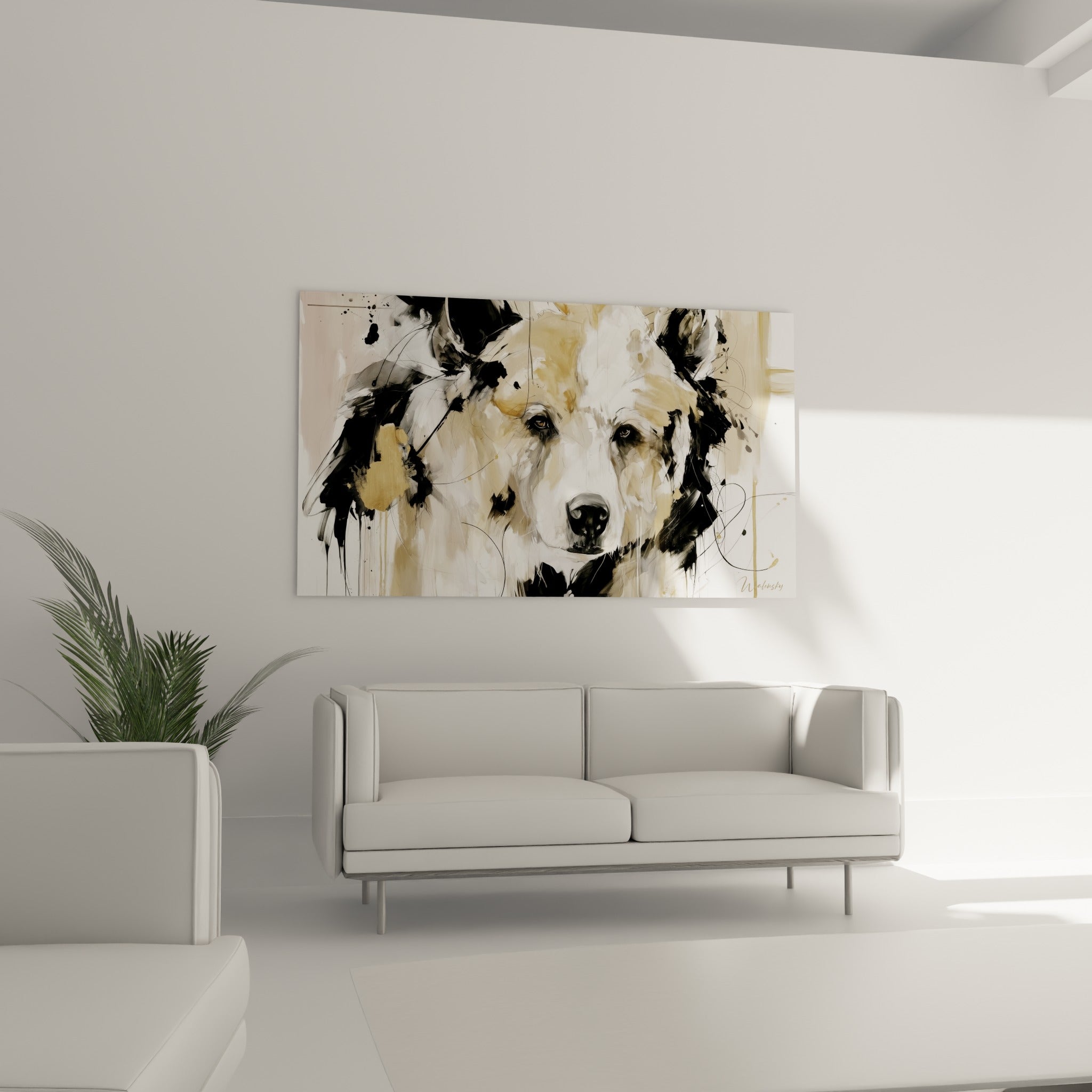 Portrait de l'ours brun aux coulures dorées et noires, au-dessus d'un canapé dans un salon lumineux
