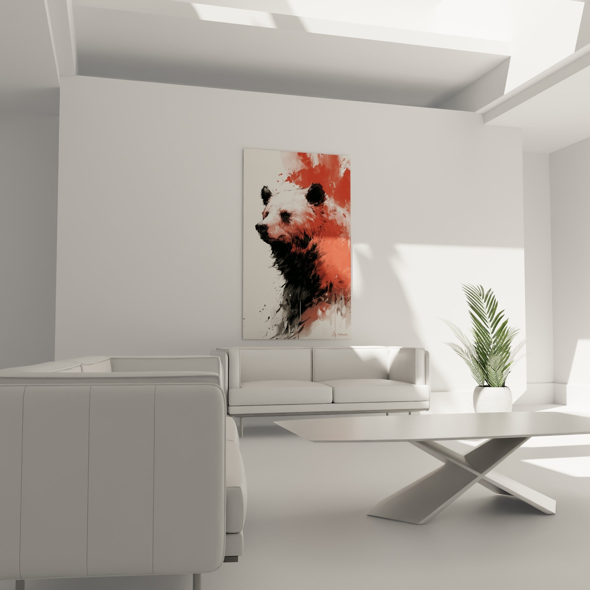 Portrait d'ours brun expressif en noir et rouge intense, au-dessus d'un canapé dans un salon lumineux