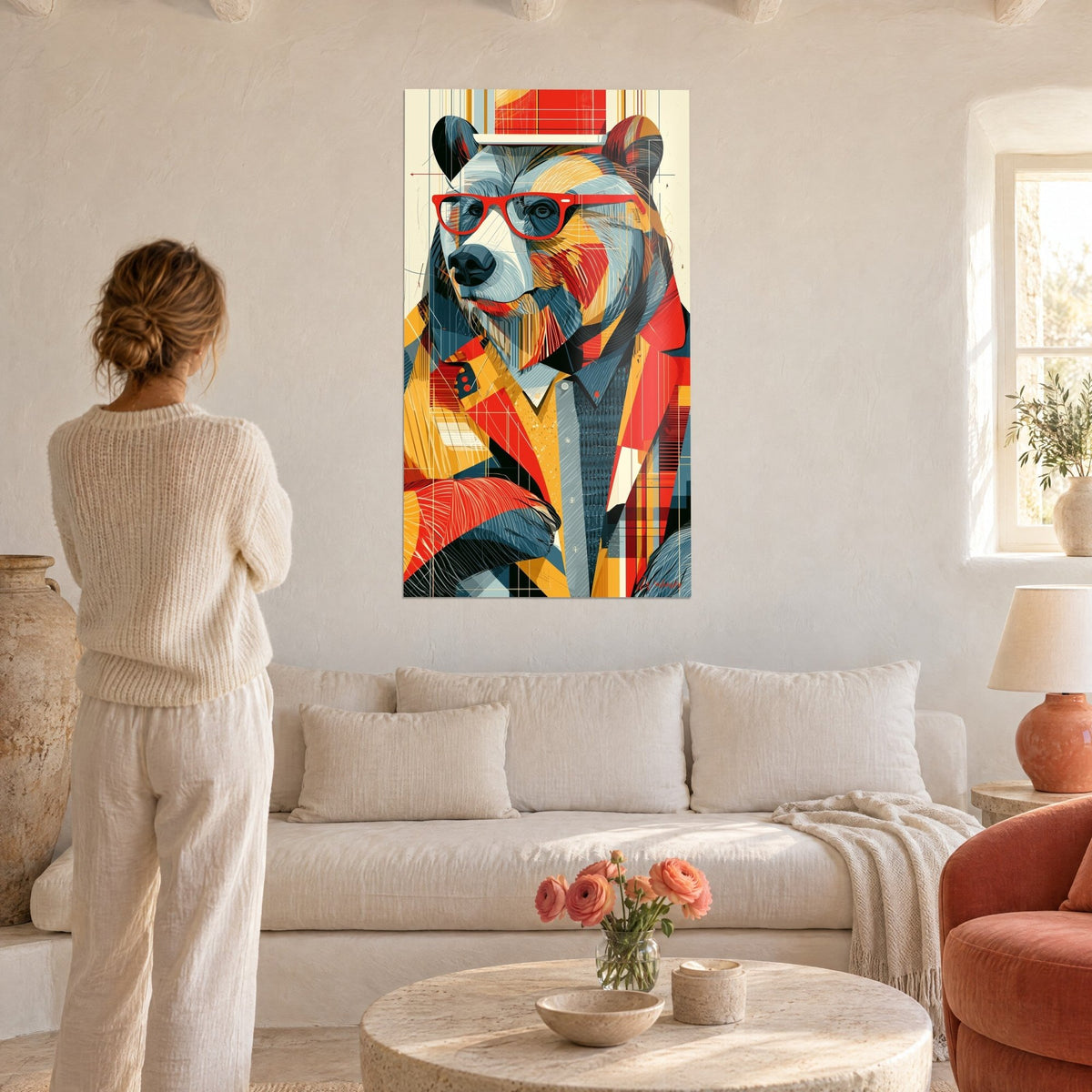 Wall art bear in a geometric patterned jacket and red glasses, red and ochre blocks of colour, above a sofa in a bright living room