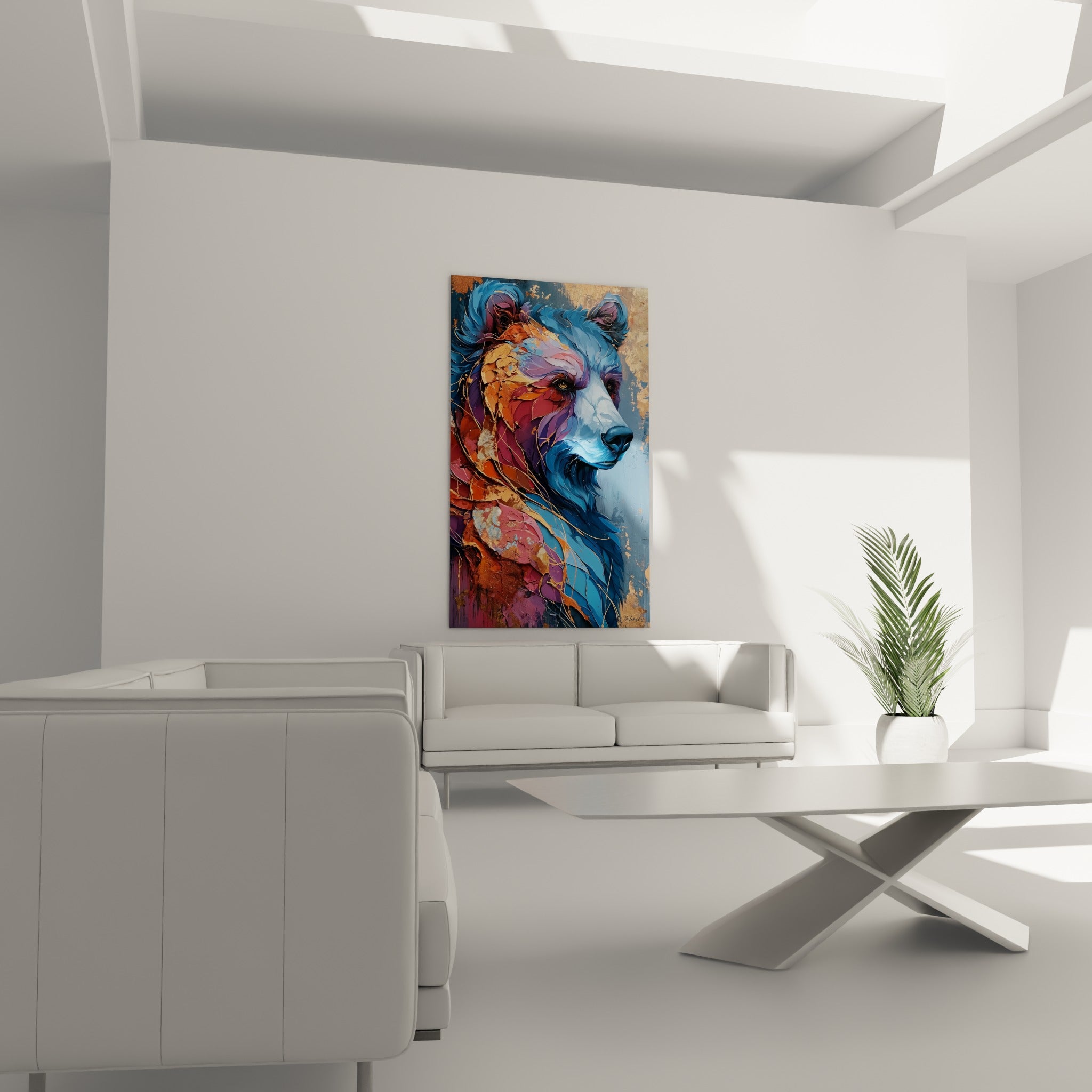 Ours brun pourpre et doré au museau bleu profond, disposé au-dessus d'un canapé dans un salon lumineux