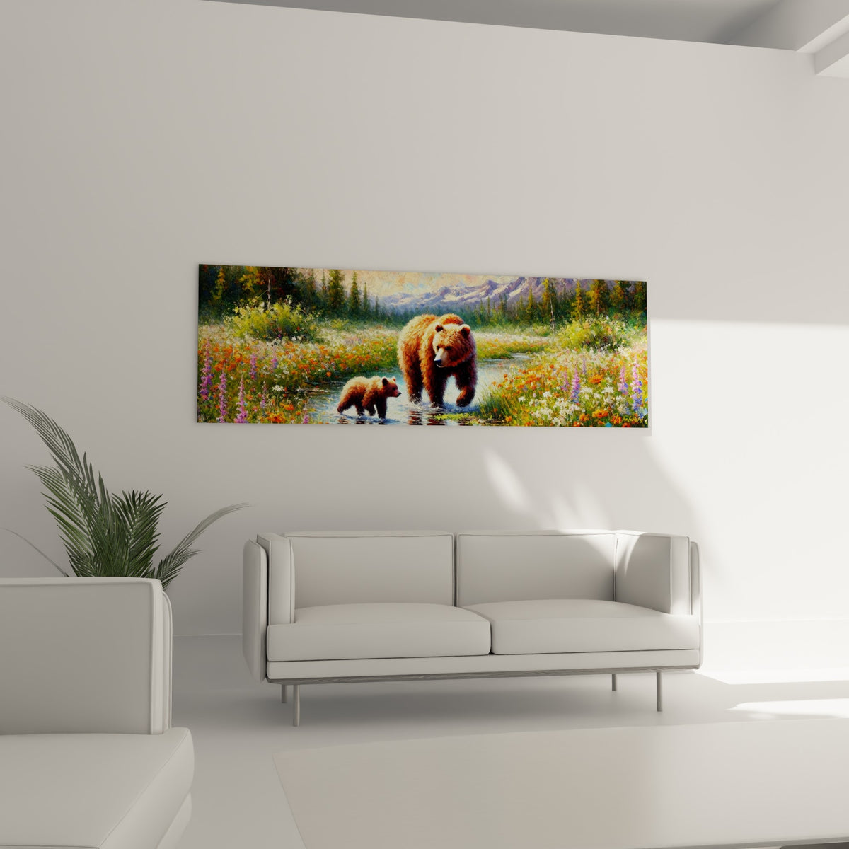 Ourse et petit ours dans un ruisseau fleuri, tons marron et vert, au-dessus d'un canapé dans un salon lumineux.
