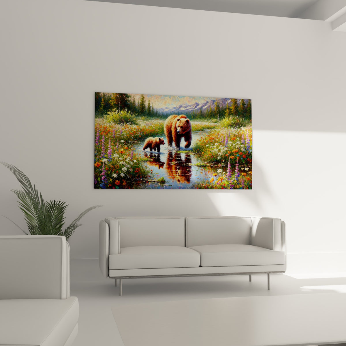 Deux ours bruns fauves marchant dans un ruisseau fleuri, au-dessus d'un canapé dans un salon lumineux