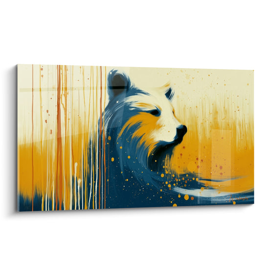 Ours brun de profil, touches bleu marine et ocre, coulures rouille sur fond crème