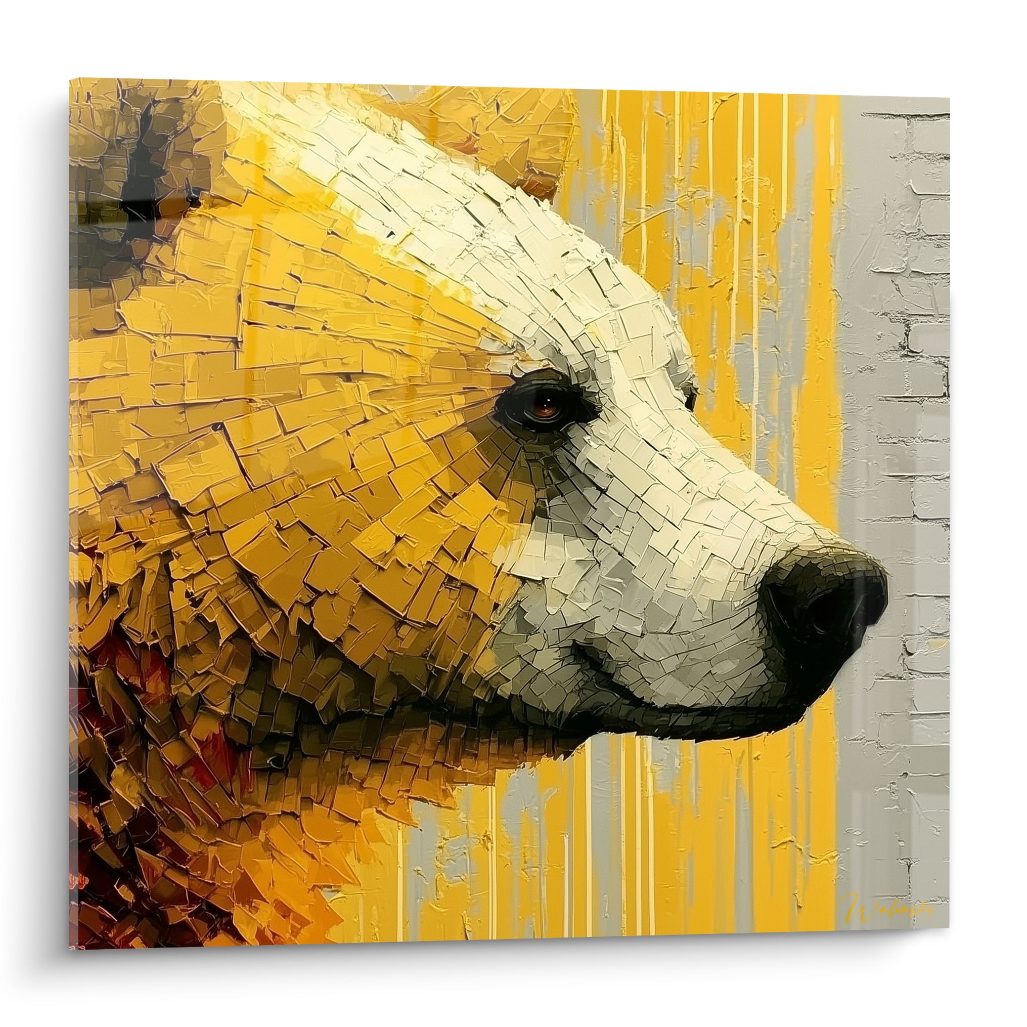 Ours brun de profil aux teintes ocre et blanc crème, museau texturé sur fond gris et jaune