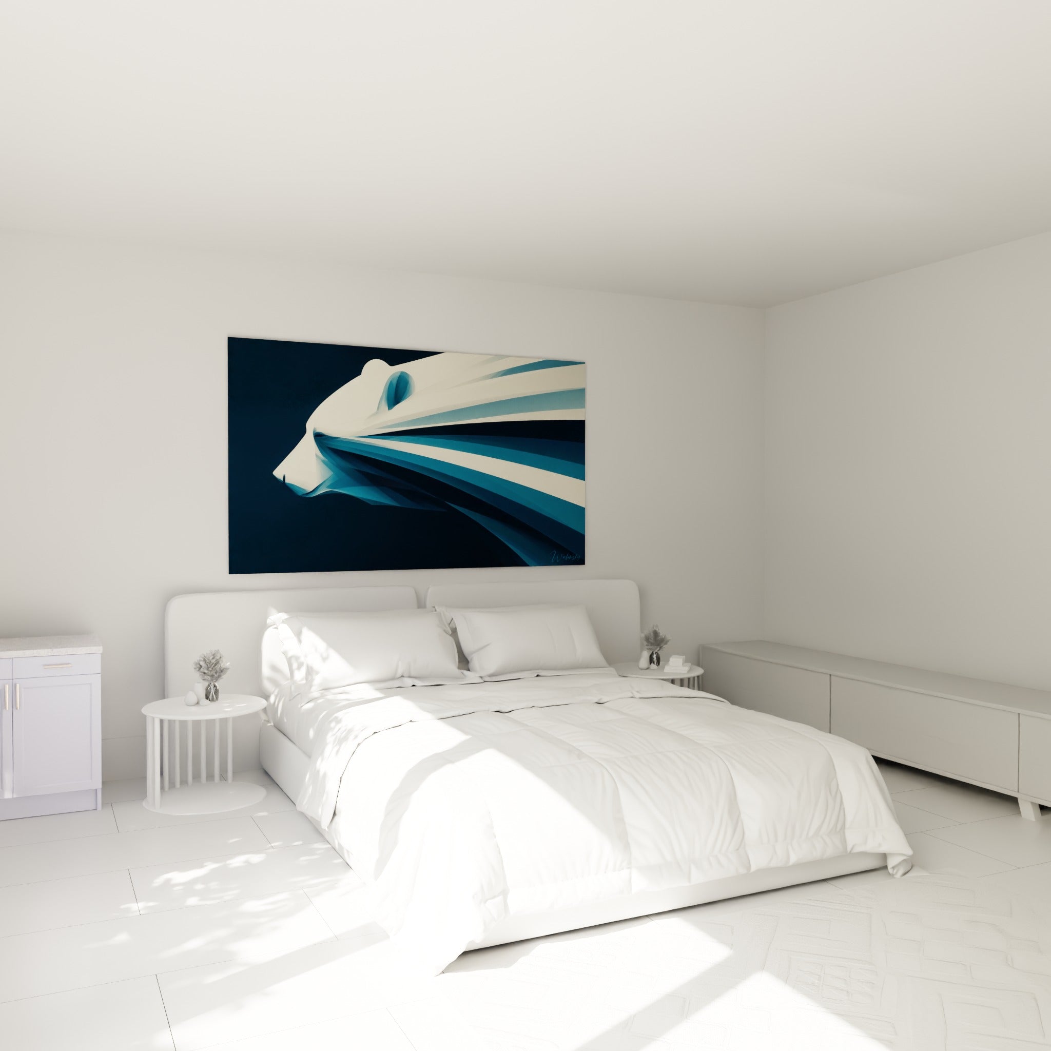 Silhouette d'ours brun aux rayures crème et bleu marine, accrochée au-dessus d'un lit dans une chambre claire