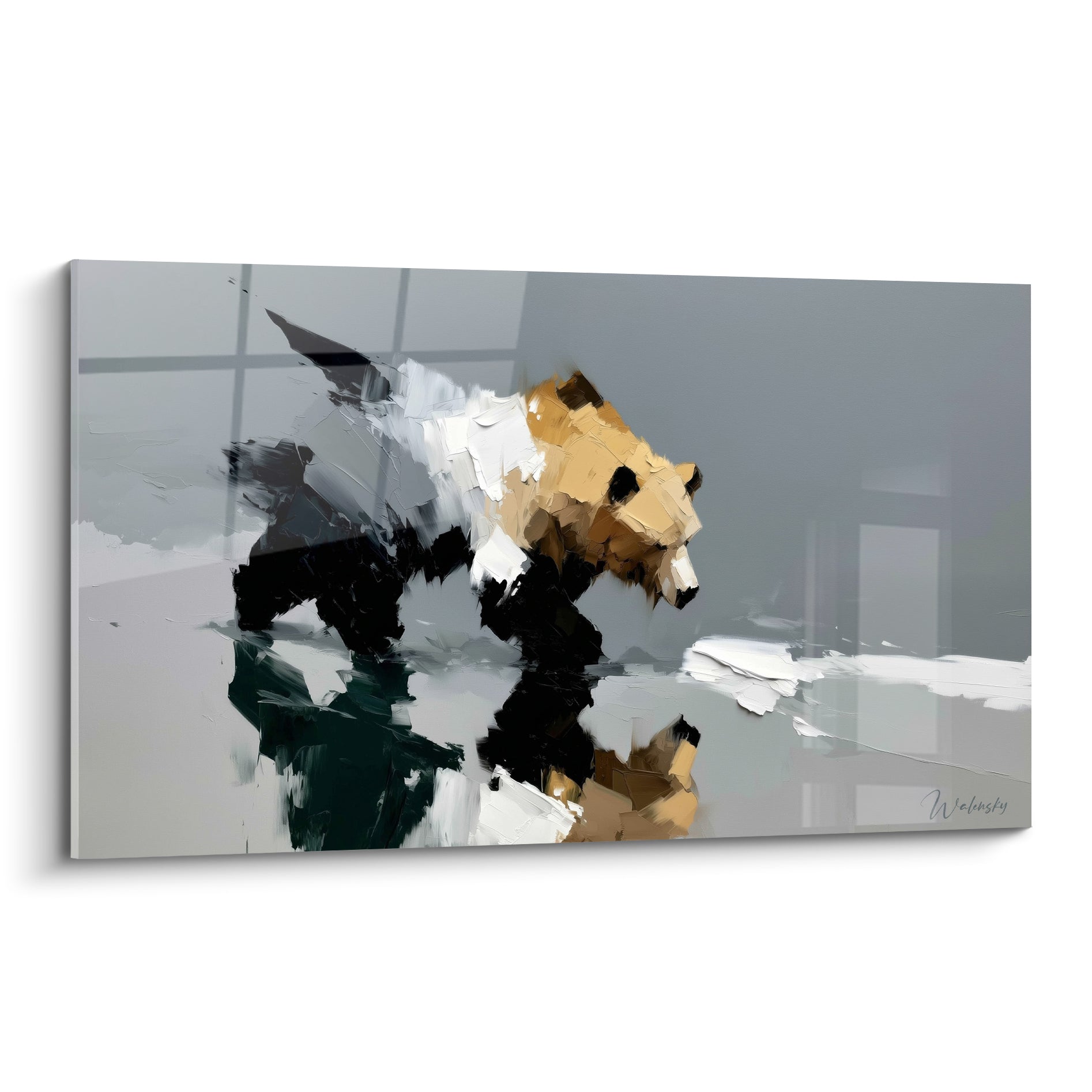Ours brun de profil, pelage ocre et noir, marchant sur un fond gris anthracite texturé