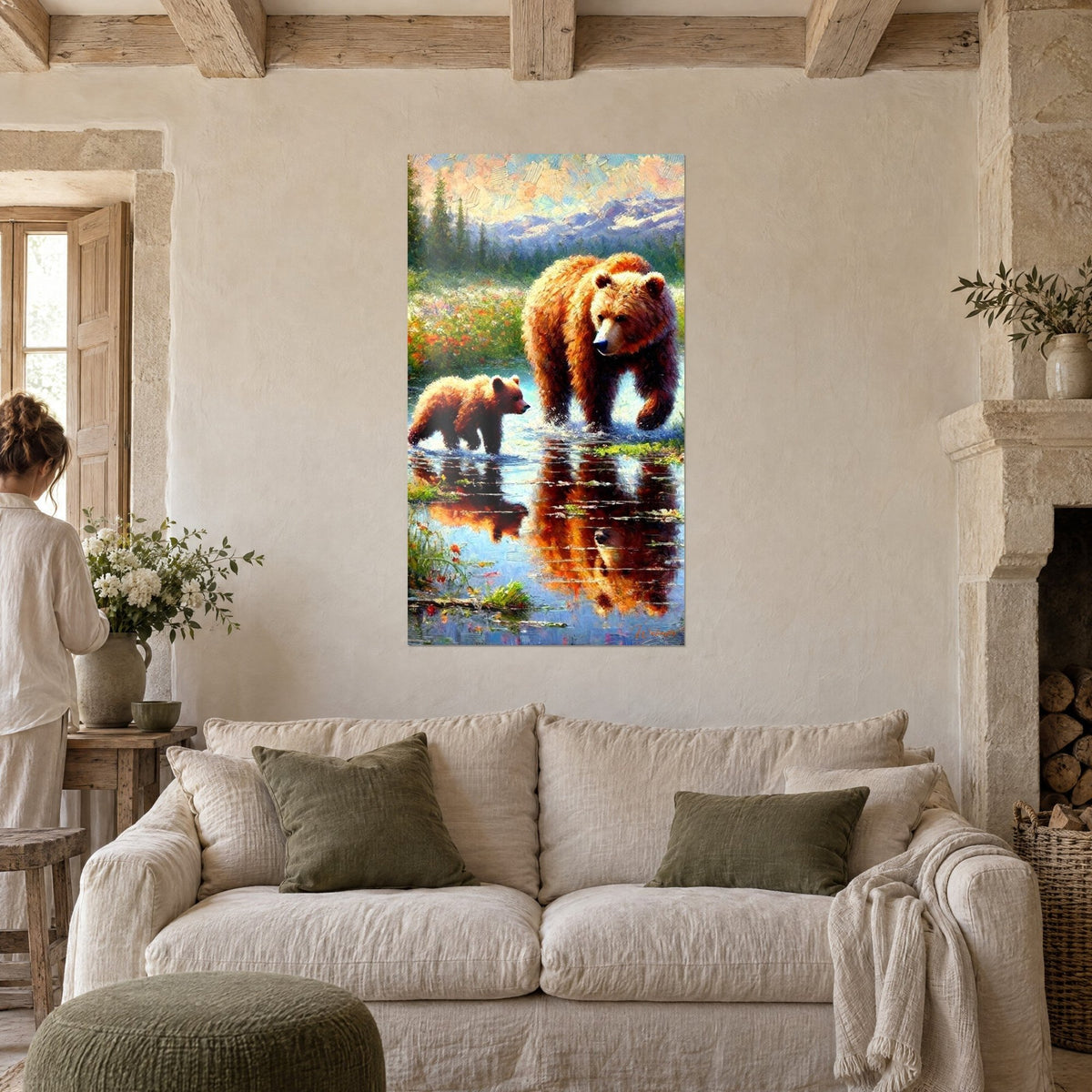 Wall art copper grizzly bear and her cub wading through bluish water, orange meadow in the background, above a sofa in a bright living room