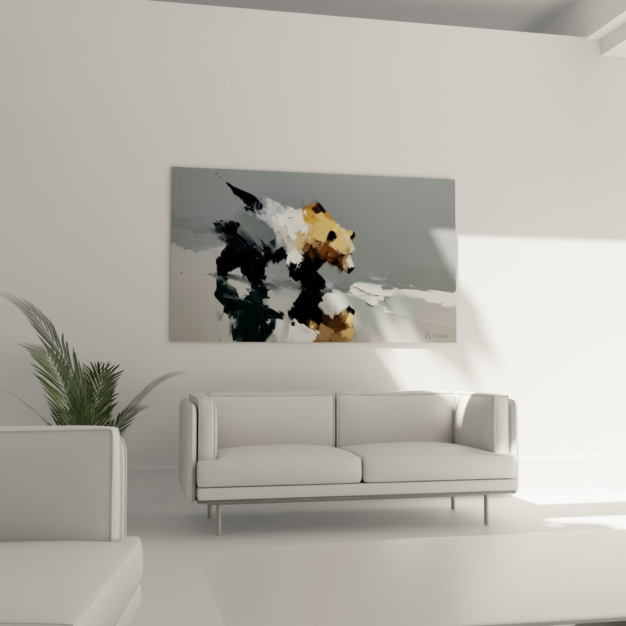 Silhouette d'ours brun ocre et noire se reflétant sur une surface grise, au-dessus d'un canapé dans un salon lumineux