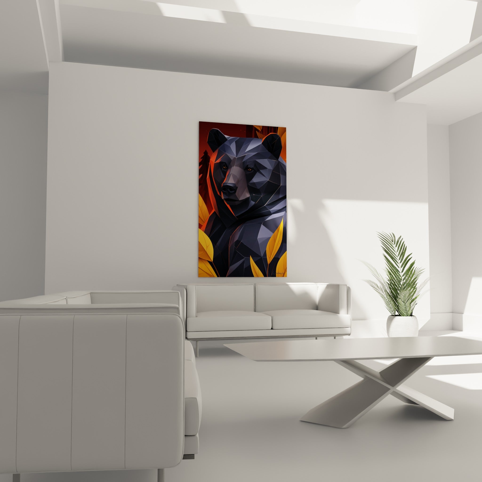 Regard perçant de l'Ours brun doré et gris se détachant au-dessus d'un canapé dans un salon lumineux