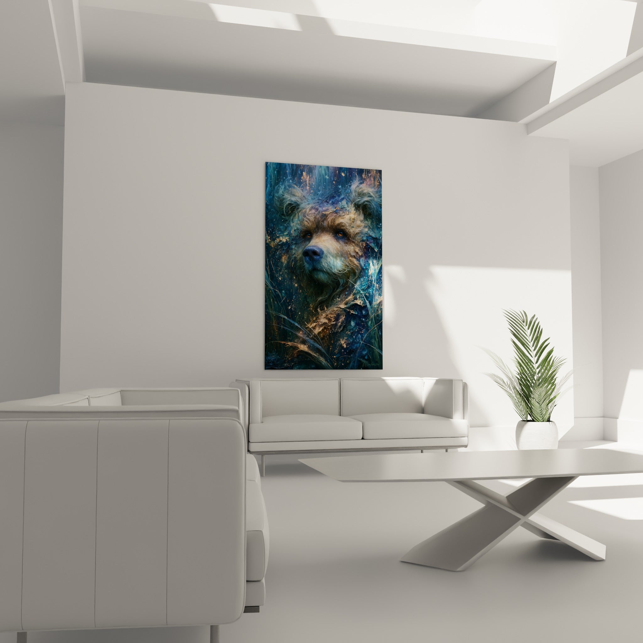 Regard d'ours brun doré et anthracite accroché au-dessus d'un canapé dans un salon lumineux