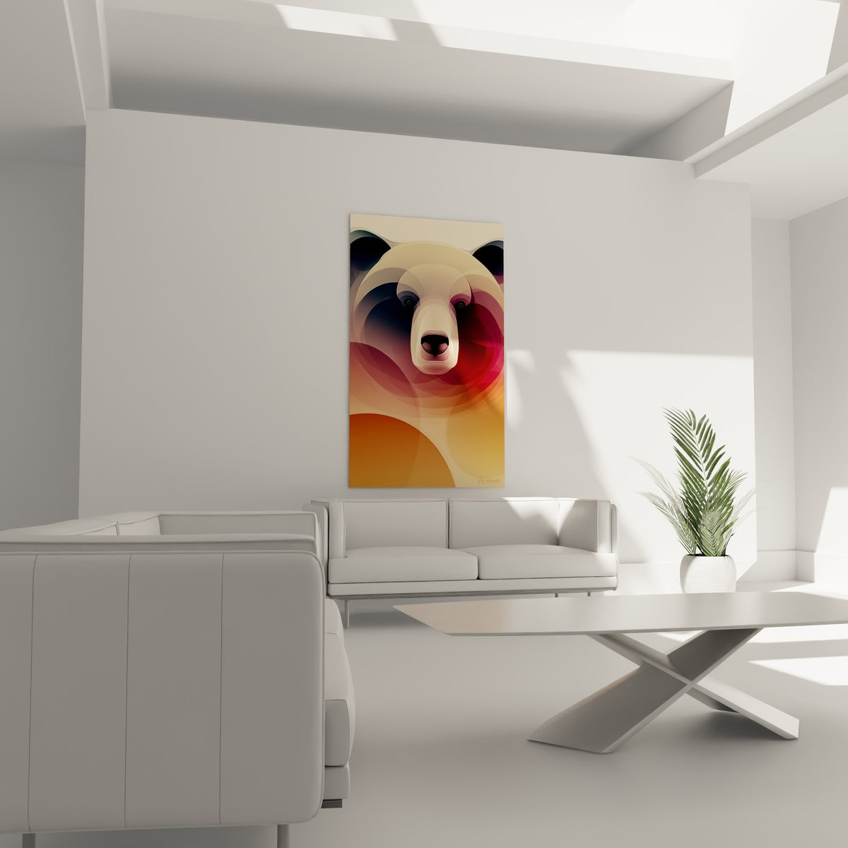 Regard sombre de l'Ours brun sur fond ocre et anthracite, au-dessus d'un canapé dans un salon lumineux