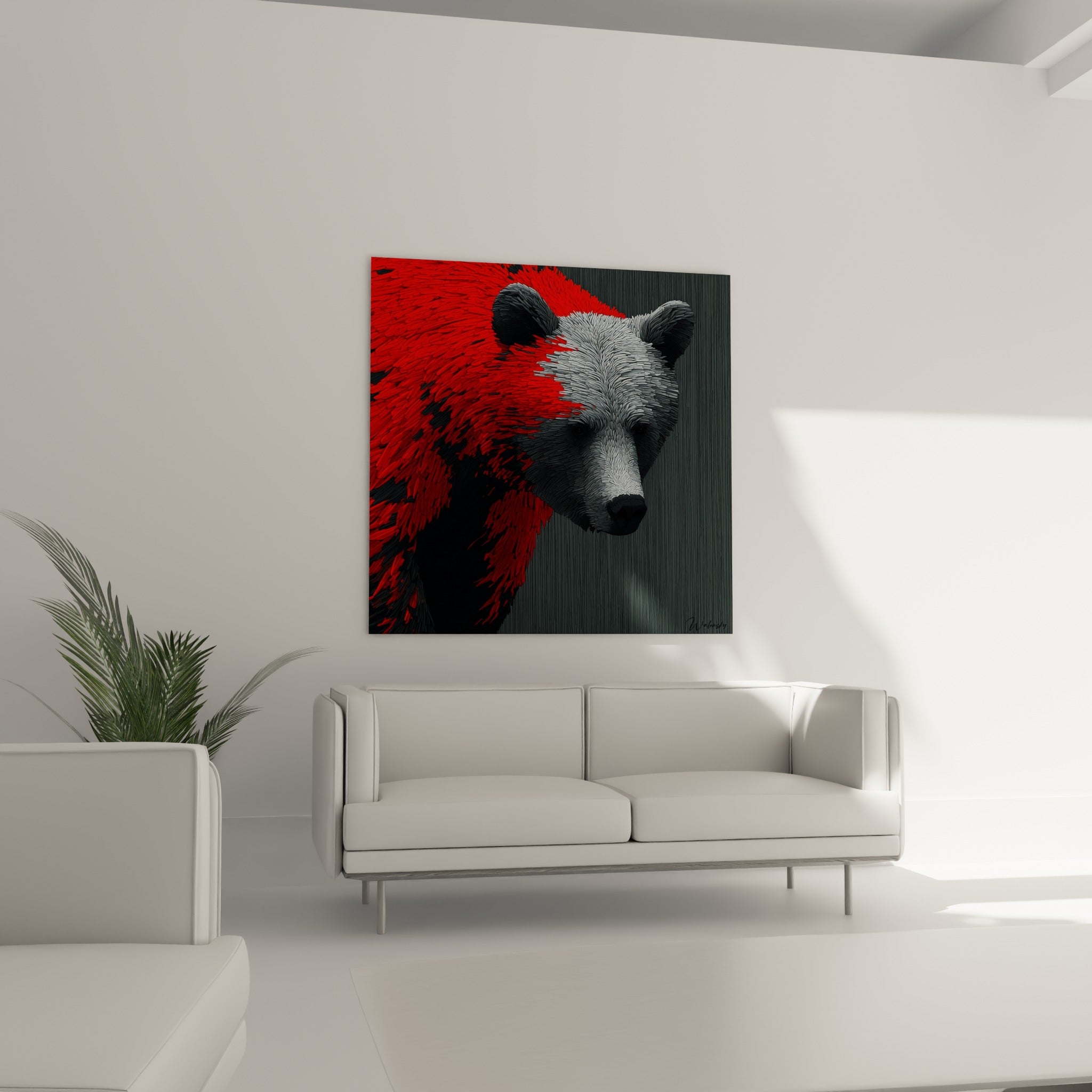Regard sombre de l'Ours brun entre gris anthracite et rouge vif, au-dessus d'un canapé dans un salon lumineux