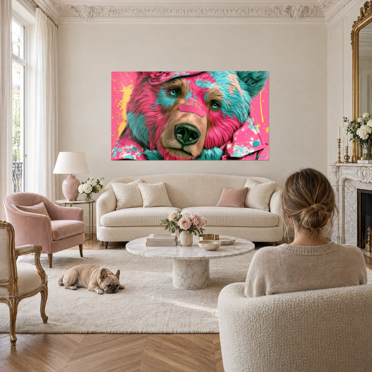 Quadro orso dal pelo rosa e turchese, cerotto sul naso, sguardo azzurro, sopra un divano in un soggiorno luminoso