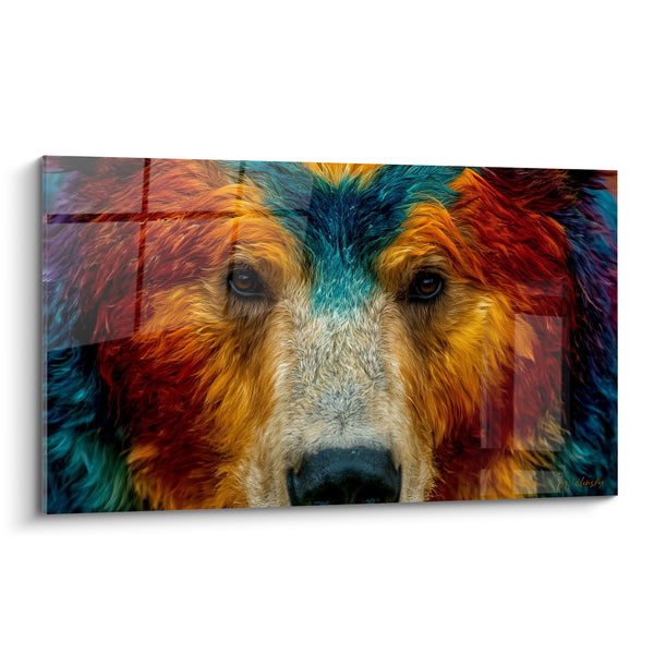 Tableau Ours brun face turquoise et rouille zébrée - Regard frontal intense - Edition Ours brun